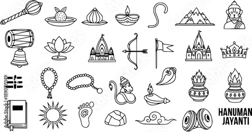 Hanuman Jayanti Hindu Festival Icons Set. Black and White Line Art Glyphs of Religious Symbols, Worship Elements, and Indian Culture.