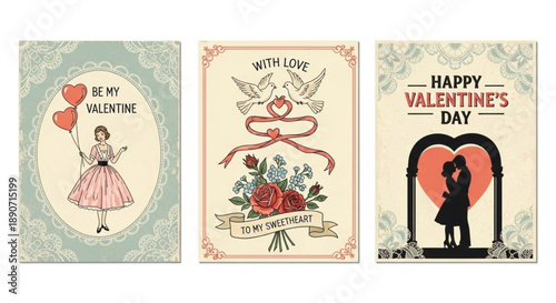 Vintage Valentine Posters Set with Couple Silhouette, Doves and Roses