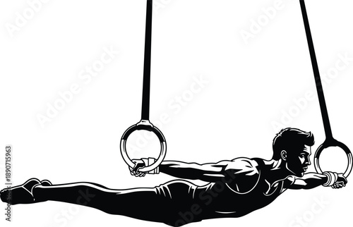 Artistic black and white vector illustration of a male gymnast performing a back lever strength move on gymnastic rings.