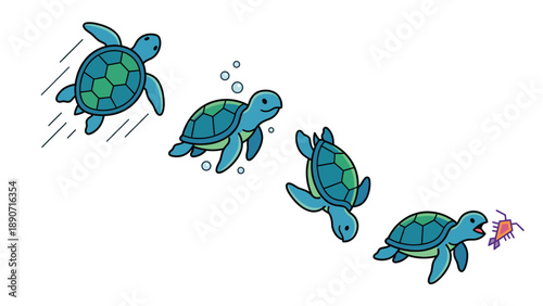 Cute cartoon sea turtle swimming actions vector set: fast, underwater, diving, and eating small prey. Marine life illustration.