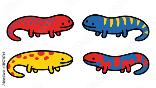 Cute Colorful Cartoon Salamanders Vector Set with Various Patterns