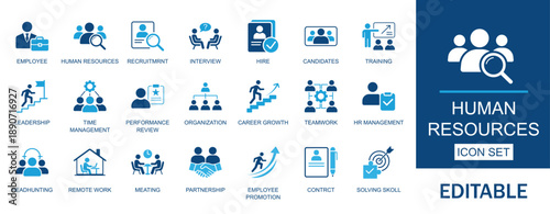 Human Resources and Recruitment icons. Includes symbols for Interview, Hire, Team Management, and Performance Review. Solid vector icons for employee management, career growth, and corporate training