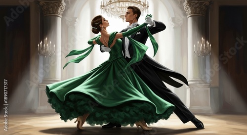 Elegant couple dancing ballroom waltz in grand chandelier-lit hall  