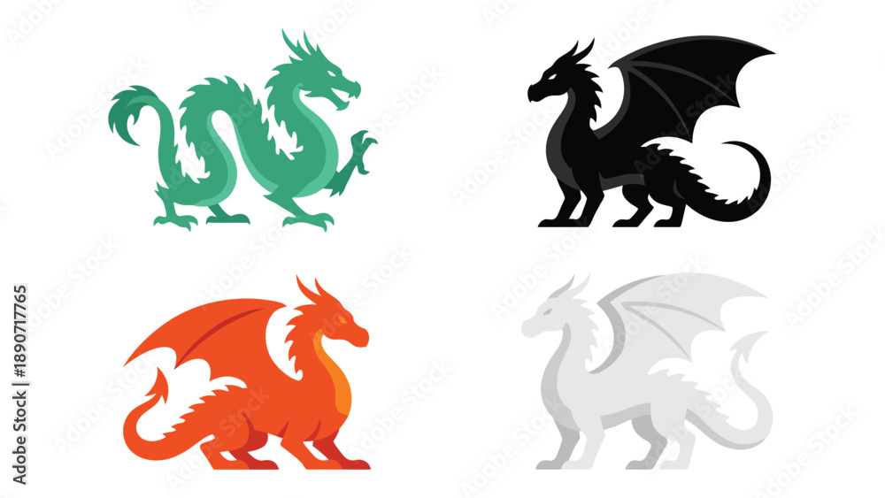 Naklejka premium Fantasy Dragon Vector Art Set: Mythical Creatures in Green, Black, Orange, White Illustrations