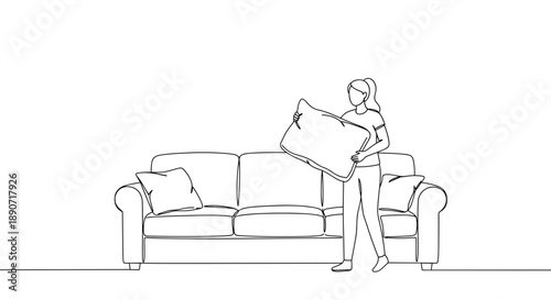 Line drawing of a woman arranging a cushion on a couch in a living room on a transparent background