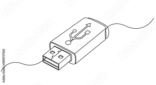 Line drawing of a USB flash drive connected to a cable on a transparent background with simple outlines and minimalistic design.