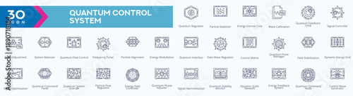 A set of 30 futuristic outline icons representing a quantum control system, including energy regulators, signal controllers, qubit networks, feedback loops, and command panels. for technology.
