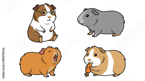 Cute Cartoon Guinea Pigs Set. Adorable Pet Rodents in Various Poses, Yawning, Eating, and Wearing Glasses.