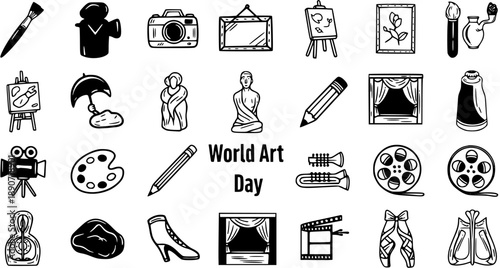 World Art Day Doodle Line Art Icons Set. Hand-drawn Black and White Symbols of Creative Arts, Hobbies, Tools, and Entertainment Supplies.