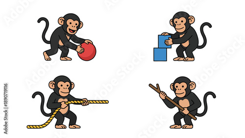 Playful cartoon monkeys demonstrating object interaction: ball, blocks, rope, sticks on white