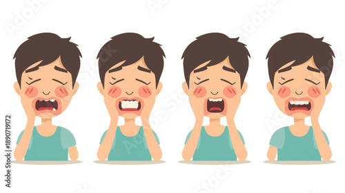 Set of illustrations depicting a person experiencing severe toothache and dental pain, showing distress and discomfort
