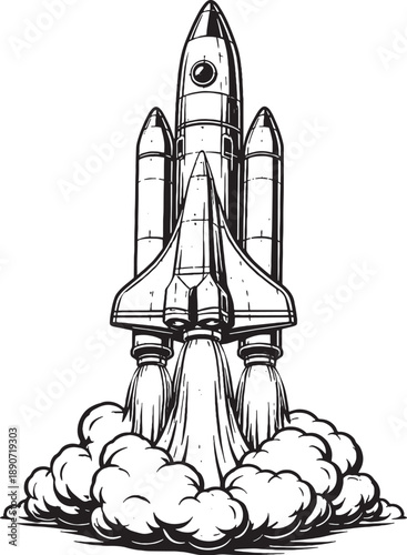 Space Rocket Black White 3D Line Art