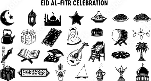Eid al-Fitr Celebration Icons: Black and White Line Art Islamic Symbols and Objects