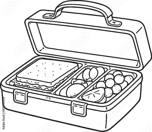 Lunch box line art illustration – hand-drawn food container black and white