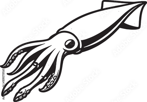 Black and White Squid 3D Lite Line Art Isolated on White Background