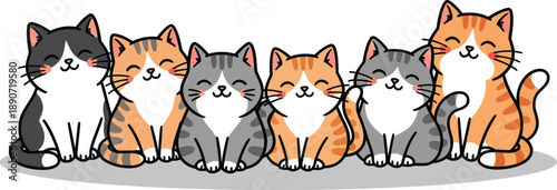 A charming handdrawn illustration of six happy cartoon cats with different fur patterns sitting in a row.