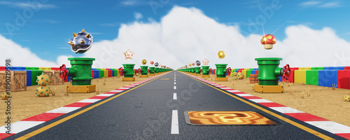 Fotografie Video Game kart world racing background with Power Up | 3D illustration