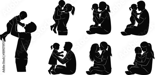 Silhouette Set of Loving Parents Bonding with Children Featuring Fathers and Mothers Hugging Lifting and Playing with Toddlers and Kids