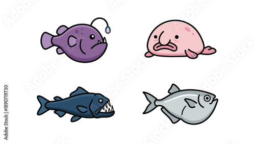 Cute Deep Sea Fish Cartoon Collection: Anglerfish, Blobfish, and Marine Life Vector Set