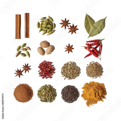 Traditional Indian Masala Spices Assortment with Cinnamon Sticks Green Cardamom Star Anise Red Dried Chilies Black Peppercorns Turmeric Powder Fennel Cumin Seeds Flat Lay