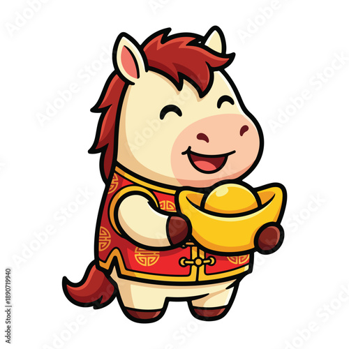 Cute cartoon horse character celebrating Chinese New Year wearing traditional red attire and holding a golden ingot for good fortune