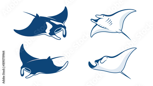 Manta Ray Vector Illustration Set. Stylized Ocean Wildlife Graphics. Blue and White Marine Animal Designs.