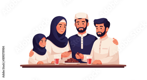 Illustration of a Muslim family of four sitting together at a table with a cake and drinks on a plain white background.