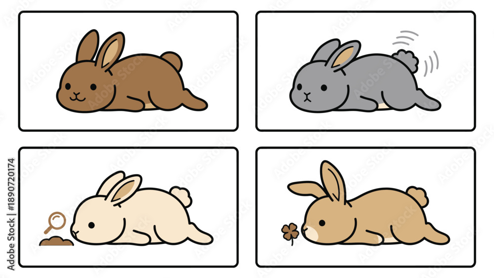 Obraz premium Cute Cartoon Rabbits Vector Set: Happy, Angry, Curious, and Lucky Bunnies in Various Poses & Emotions