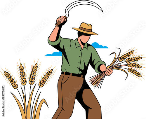 Colorful vector illustration of a farmer reaping ripe wheat in the field.