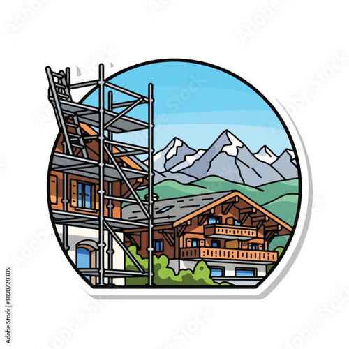 A building with scaffolding near mountains