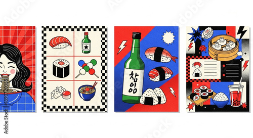 graphic art collection showcasing popular Korean cuisine, traditional beverages, and diverse snacks in a modern illustrative style