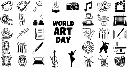 World Art Day Black  White Line Art Doodle Icons. Diverse Creative Arts, Hobbies  Cultural Symbols Collection. Sketch Style Illustration.