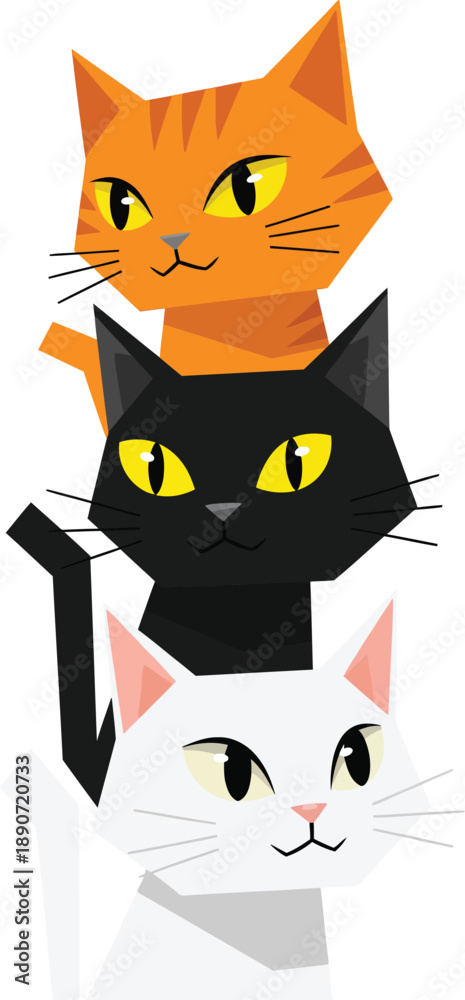 Obraz premium A stylized vector illustration of three colorful cats stacked in a vertical tower orange black and white.
