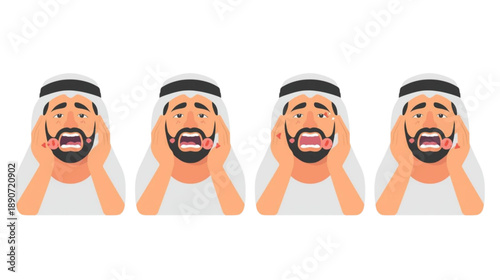 Vector illustration of a Middle Eastern man in a ghutra experiencing severe toothache, depicting discomfort, pain, and the need for dental attention and urgent medical care