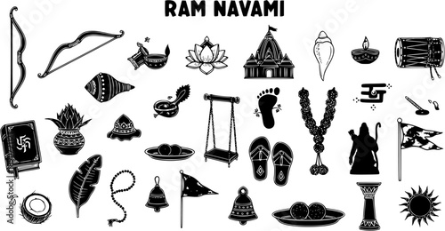 Ram Navami Hindu Festival Icons Set - Black  White Line Art Symbols of Worship and Tradition