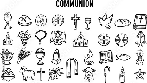 Black and White Line Art Christian Communion Symbols Set. Hand-drawn Doodle Religion Faith and Spirituality Outline Icons Collection.