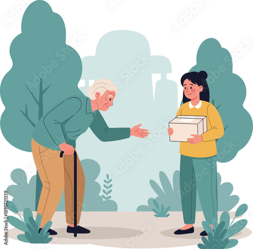 A young woman in a yellow sweater giving a white box to a stooped elderly man with a walking cane.