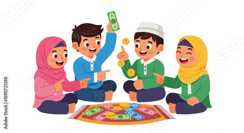 Four diverse children playing a board game together on a colorful rug against a clean white background.