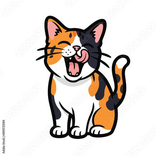 A cartoon calico cat yawns with tongue out