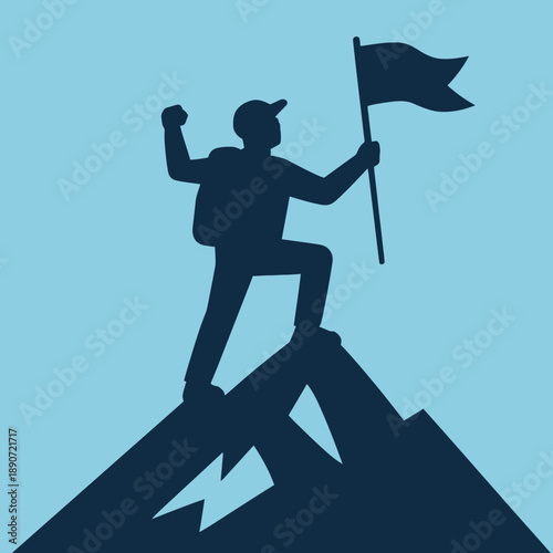 Character standing on a mountain peak with a blue flag