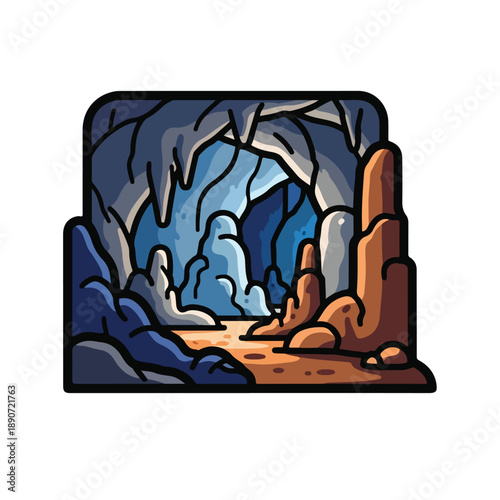 A cartoon cave with brown ground and blue rocky walls