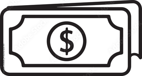 A minimalist outline icon depicting a stack of money bills with a prominent dollar symbol isolated on white background, illustration