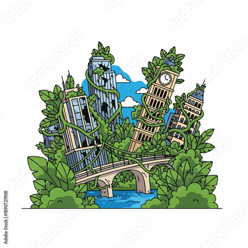 A cartoon cityscape overtaken by nature