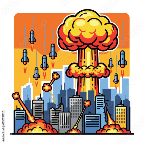 A cartoon cityscape with a massive explosion