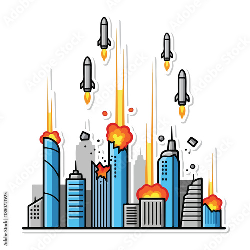 A cartoon cityscape with rockets launching