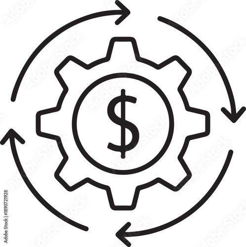 Financial process icon showing money circulation within a gear mechanism isolated on white background, illustration