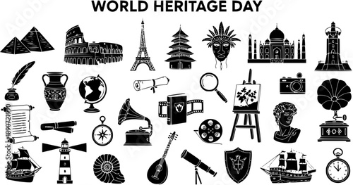 World Heritage Day Icons: Black and White Silhouette Collection of Cultural Landmarks and Historical Objects