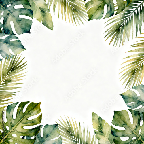 Tropical Green Leaves Frame on White Background