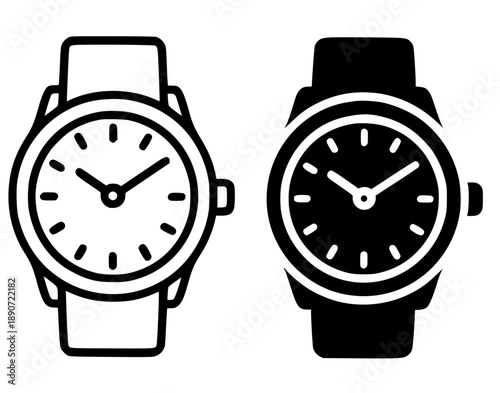 Wrist watch illustration icon, black and white in outline and silhouette versions