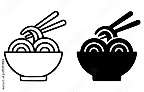 Icon illustration of noodles in a bowl, black and white in outline and silhouette versions